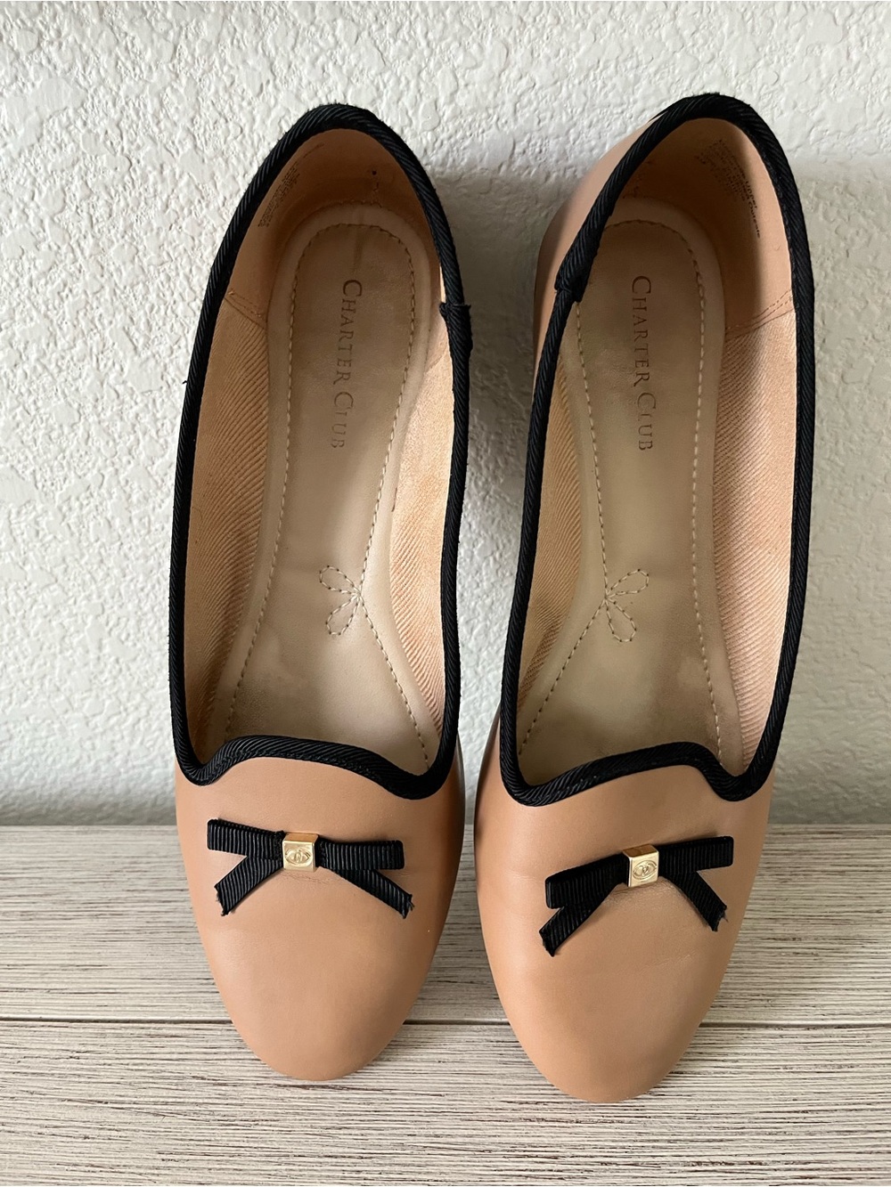 Charter Club Beige Ballet Flats with Black Trim & Bow
